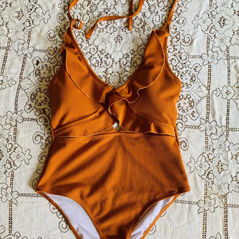 Rusty Orange Ruffle top one piece bathing suit